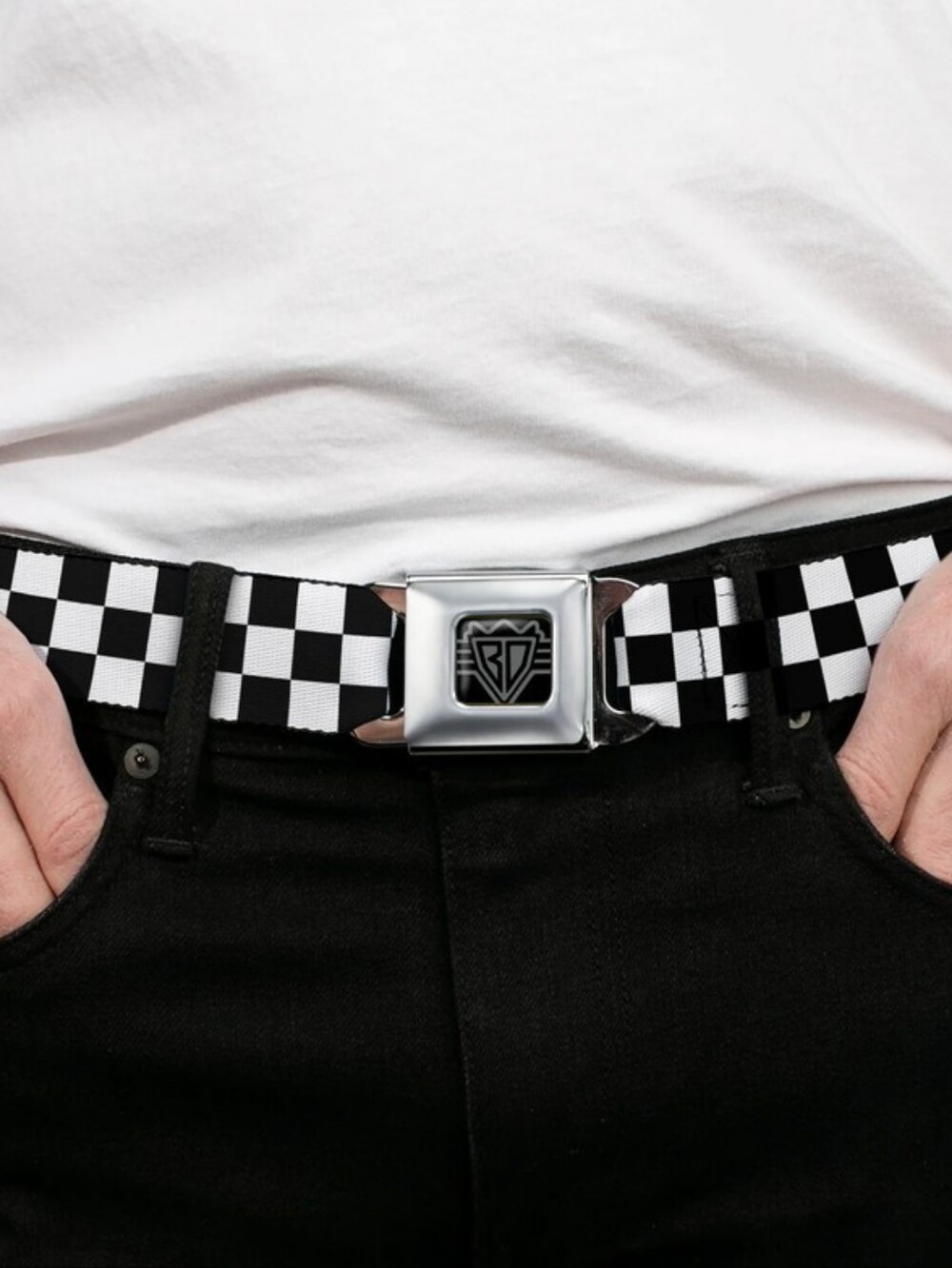 Buckle-Down Black and White Checkerboard Suspenders with Silver Buckle